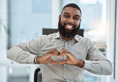 Buy stock photo Portrait, business and black man with heart sign, support or care with icon at work, happiness or professional. Face, male person or advertising consultant with love symbol, emoji and smile with like