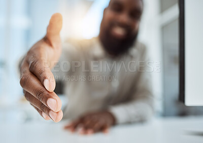 Buy stock photo Handshake, offer and business man for introduction, welcome and career deal, success or POV meeting. African person or worker shaking hands for partnership, b2b onboarding and thank you or agreement