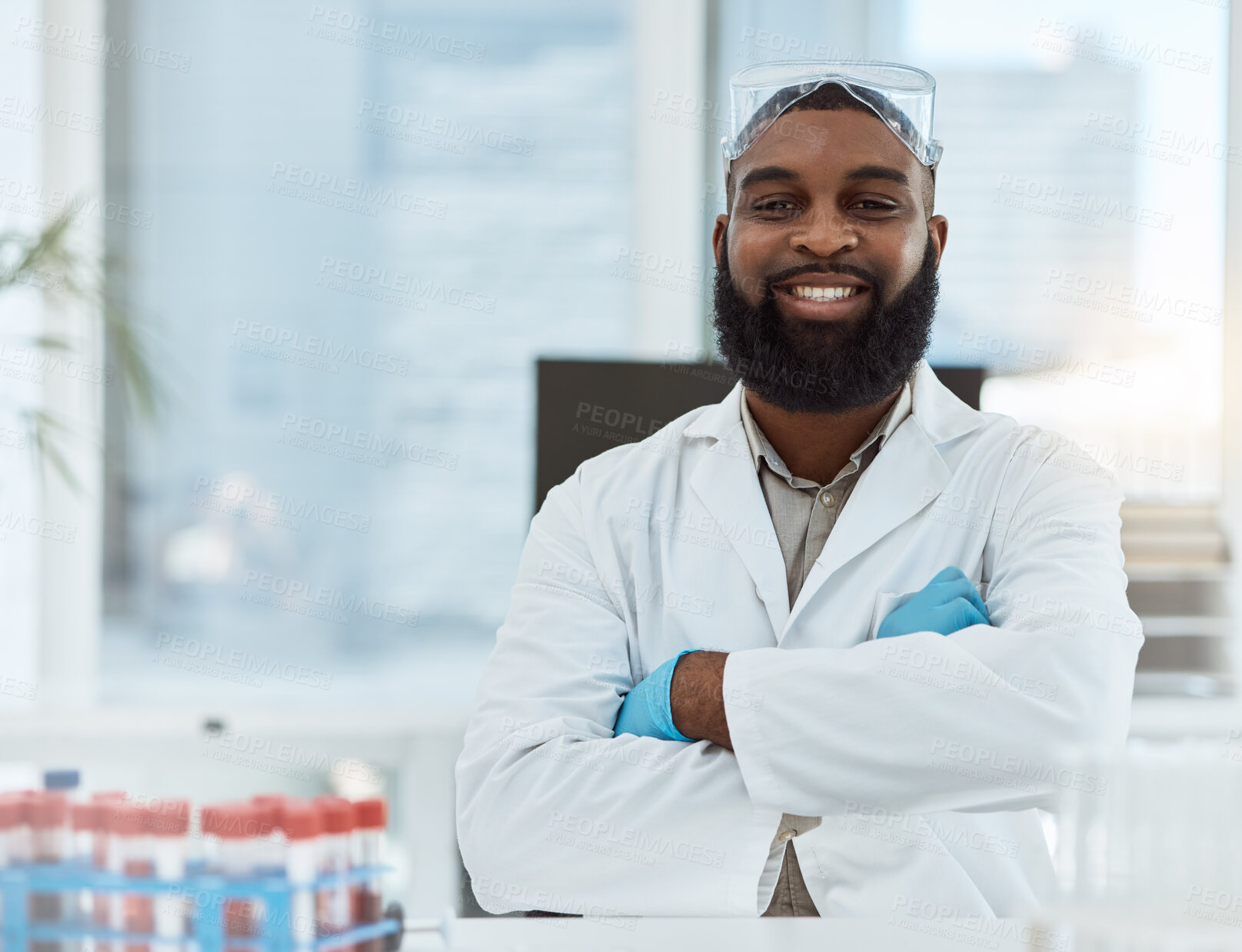 Buy stock photo Medical science, portrait and a man in a laboratory for research, study and career pride. Happy black male person or scientist with arms crossed for innovation, biotechnology and future development