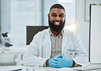 Black man, portrait and scientist smile in lab for future innovation, medical research and physics investigation. Happy male laboratory worker, science expert and pharmaceutical development at desk 