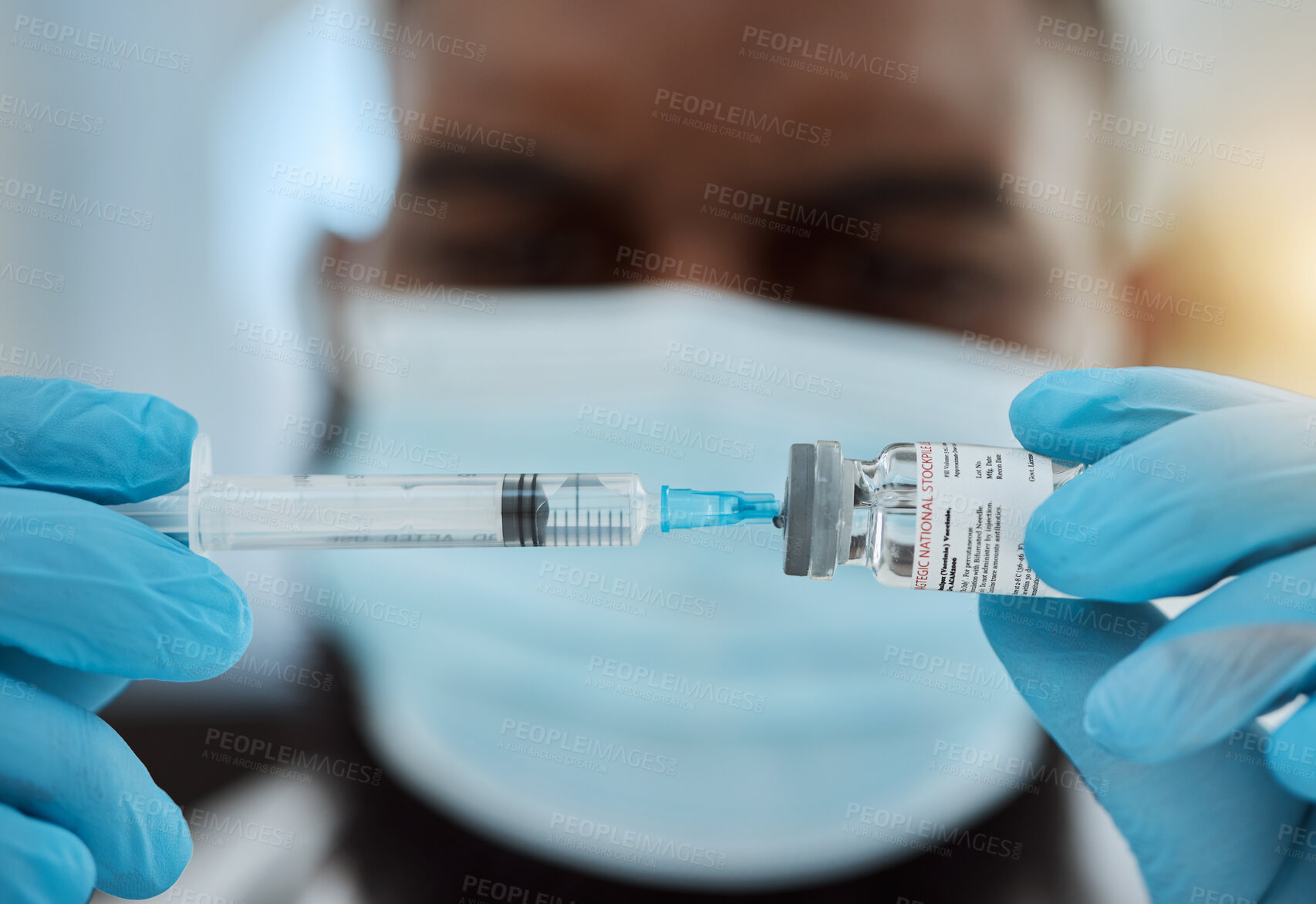 Buy stock photo Medicine, vaccine and a doctor man with a syringe and mask for virus, health care and cure in hospital. Hands of person with a pharmaceutical product, vial or container for treatment or injection