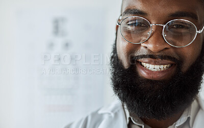 Buy stock photo Eye exam, smile and portrait of optometrist or black man with confidence, glasses and happy service with mockup space. Ophthalmology, face and expert in vision, test or assessment for eyes or health