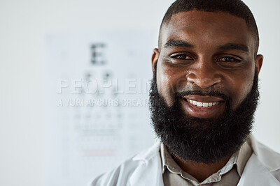 Buy stock photo Optometrist, face and portrait of man with smile with trust for eye care  services, healthcare consultation and clinic assessment. Happy African optician with pride for medical analysis of eyes 