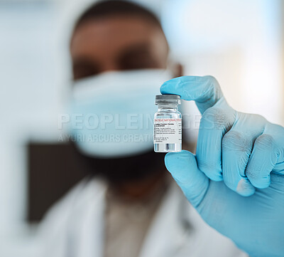 Buy stock photo Medicine, vaccine and a hand of a doctor with gloves for virus protection, healthcare or cure in hospital. Person with pharmaceutical product, vial or container for treatment, solution or prevention