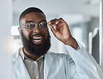 Glasses, smile and portrait of black man with optometrist for vision and happy service in consultation office. Ophthalmology, face and eyewear from eye exam, test or consultation in healthcare