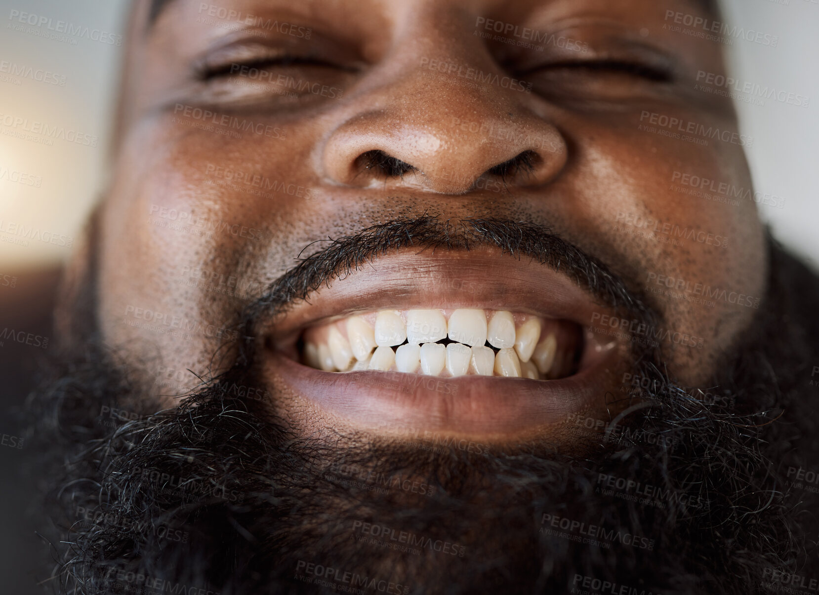 Buy stock photo Black man, face and smile with teeth for dental care or hygiene against a studio background. Closeup of happy African male person in tooth whitening, oral or gum and mouth cleaning at the dentist