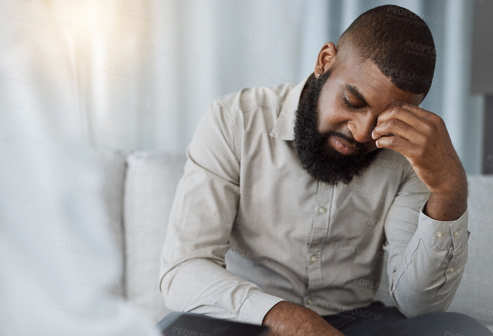 Buy stock photo Sad black man, therapist and counselling for psychology, mental health crisis and therapy for stress. Confused patient consulting psychologist for frustrated problem, anxiety and crying in depression