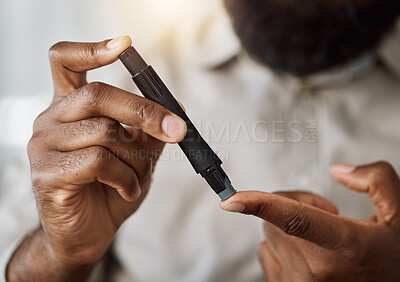 Buy stock photo Person, hands and test blood sugar for diabetes, health analysis or medical glucometer results. Closeup of patient poke finger with needle to check insulin, measure glucose risk and diabetic medicine