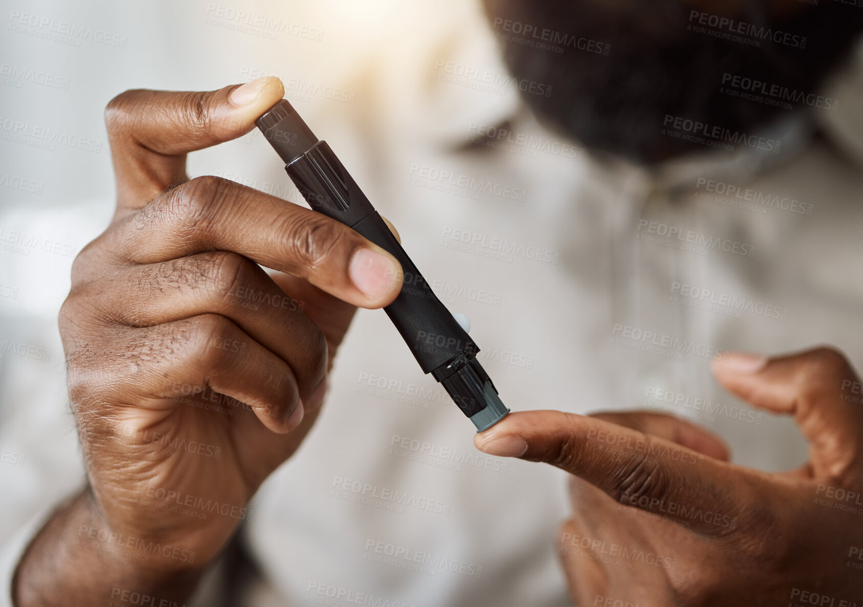 Buy stock photo Person, hands and test blood sugar for diabetes, health analysis or medical glucometer results. Closeup of patient poke finger with needle to check insulin, measure glucose risk and diabetic medicine