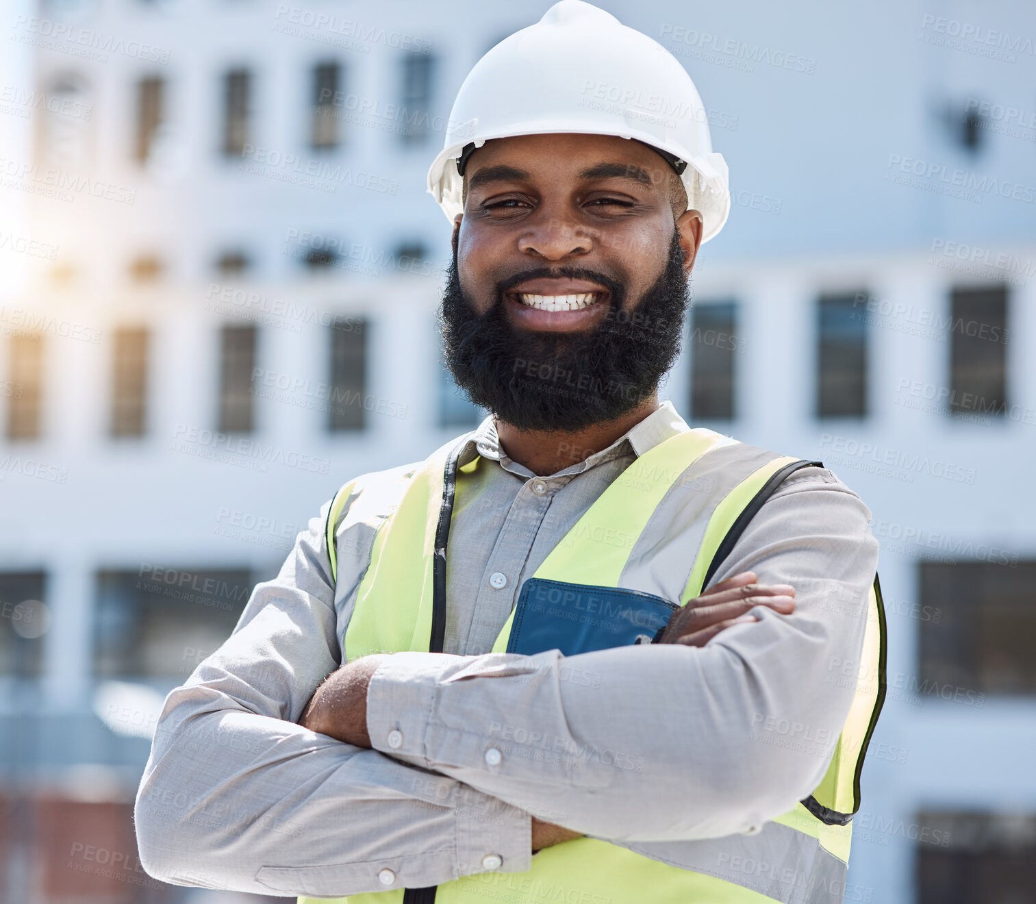 Buy stock photo Construction, portrait or man with arms crossed in city for building project, site maintenance or civil engineering. Architecture, happy African professional contractor for urban property development