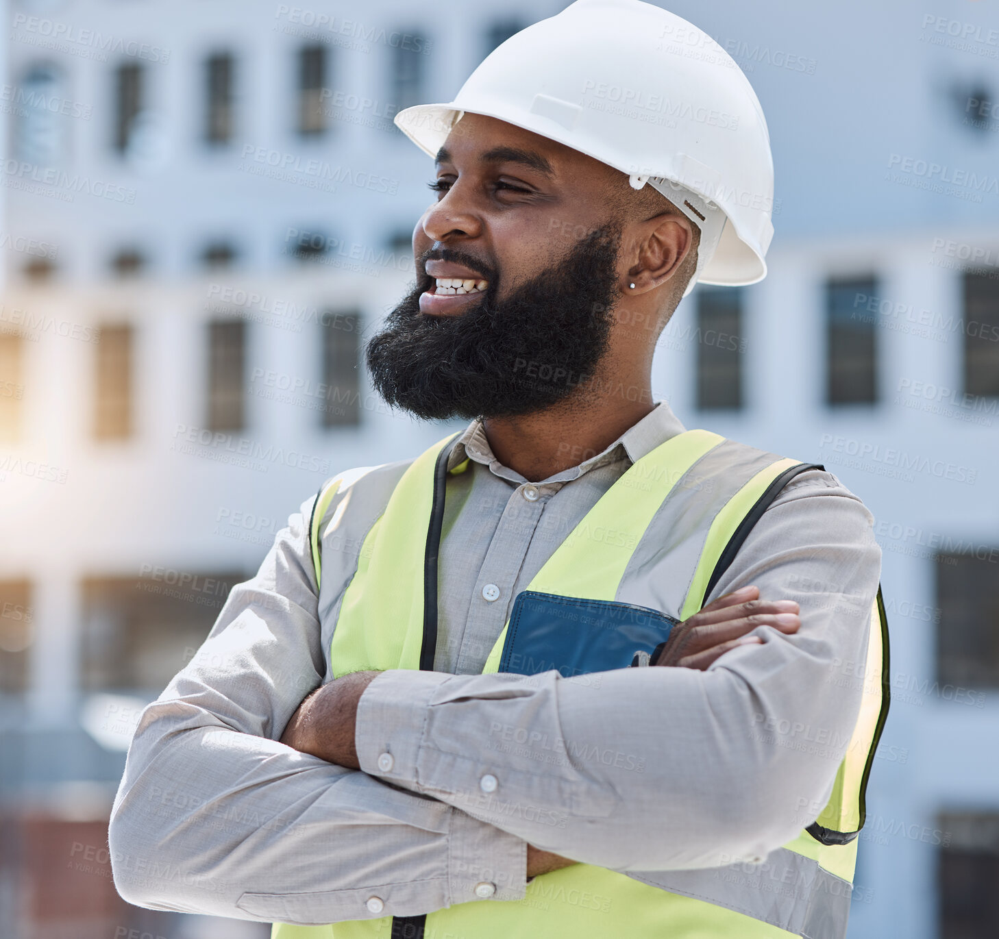 Buy stock photo Outdoor, engineer and black man with arms crossed, thinking and planning with problem solving, helmet and inspection. Engineering, manager or architect with ideas,  development or project management