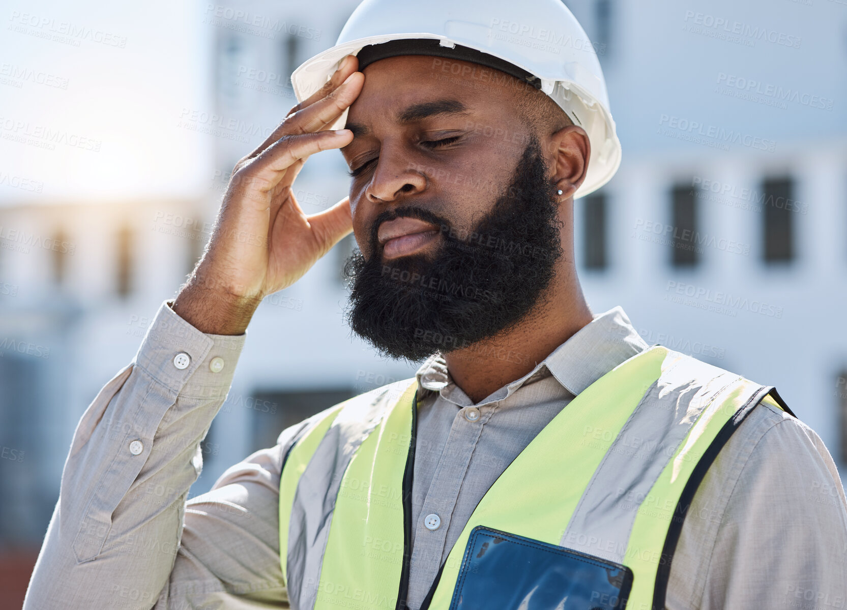 Buy stock photo Construction, man and worker with headache, stress of building renovation and civil engineering mistake. Tired face of confused African contractor in burnout, crisis and industrial problem in city