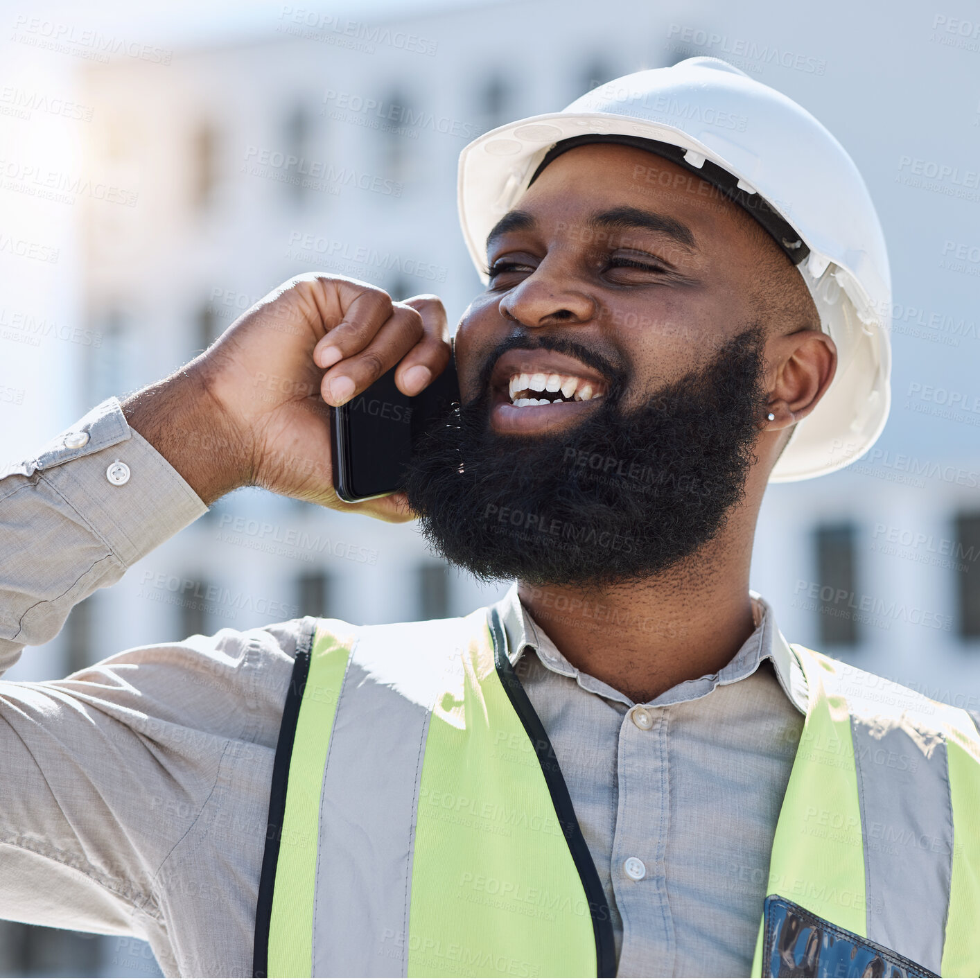 Buy stock photo African engineer man, phone call and city with smile, thinking and listening for networking, building or development. Construction site manager, smartphone and ideas for property, helmet and safety