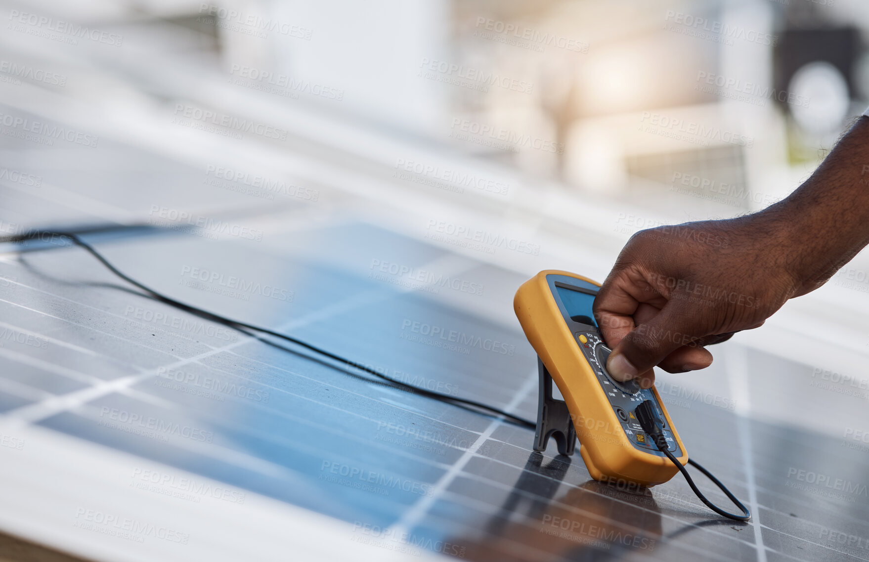 Buy stock photo Hand, voltage meter and engineer with solar panel on rooftop, maintenance and industry for inspection in city. Technician, builder and tools for photovoltaic tech, reading or analysis for electricity