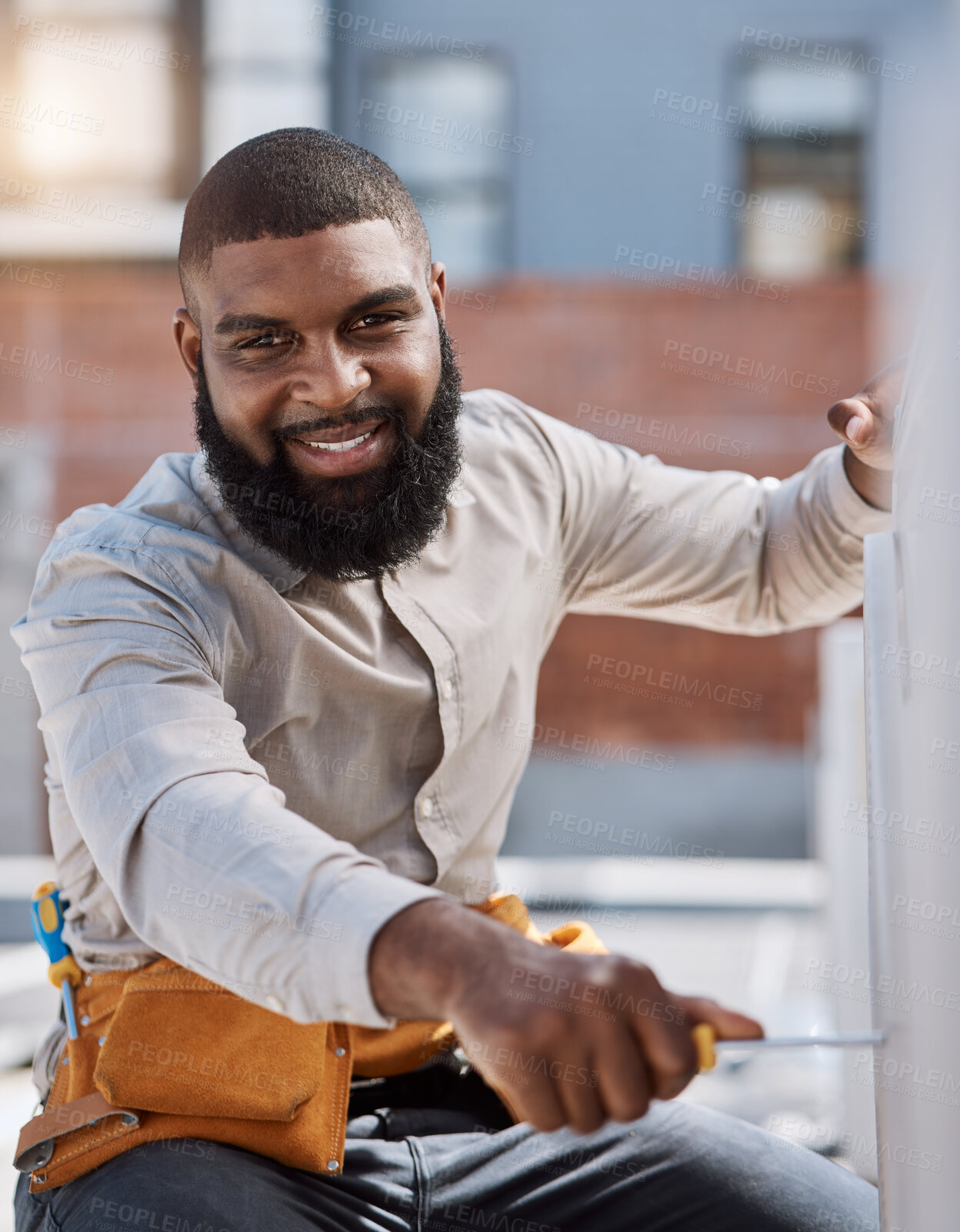 Buy stock photo Portrait, engineer and air conditioner install with a black man on a roof for construction or manual labor. Building, engineering and an electrician working on ac repair for maintenance or service