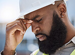 Face of sad man, construction worker and headache for renovation, civil engineering mistake and stress. Confused, tired and anxiety of black male builder in burnout, crisis and architecture problem