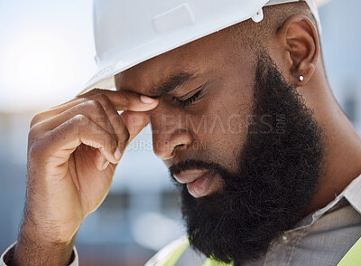 Buy stock photo Face of sad man, construction worker and headache for renovation, civil engineering mistake and stress. Confused, tired and anxiety of African builder in burnout, crisis and architecture problem