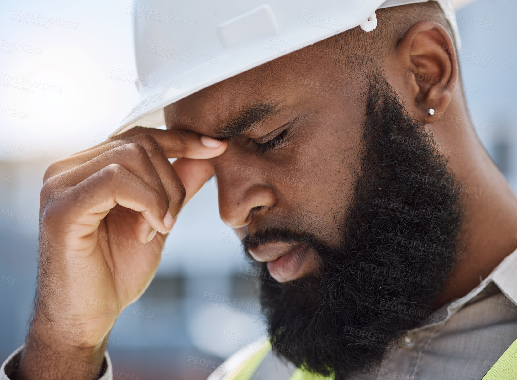 Buy stock photo Face of sad man, construction worker and headache for renovation, civil engineering mistake and stress. Confused, tired and anxiety of African builder in burnout, crisis and architecture problem