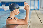 Young woman athlete, praying and pool for mindfulness, faith or gratitude for professional swimming career. Swimmer girl, religion and mindset for competition, contest or training for health in water