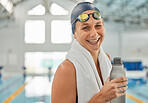 Portrait, swimming pool and happy woman with bottle for water after workout, training or exercise. Face, funny and excited swim athlete from Australia ready for fitness, health and wellness laugh