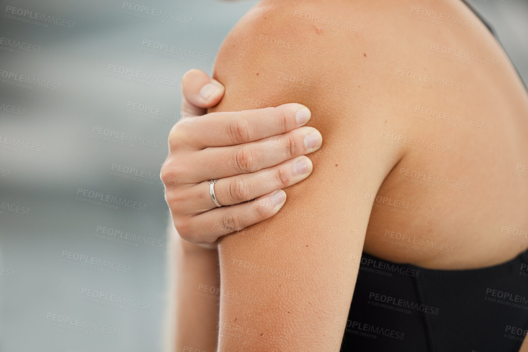 Buy stock photo Closeup, workout and woman with shoulder pain, injury and inflammation with muscle tension, sports accident and emergency. Zoom, hurt person and athlete with training, medical problem and challenge