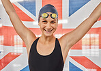 Woman, sport and flag for UK in portrait for winning, goals and pride for swimming games. Girl, swimmer or athlete with smile on face for contest, race or happy for fitness, health and Great Britain