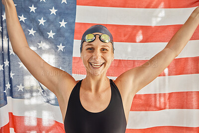 Buy stock photo Woman, sport and flag for USA in portrait for winning, goals and pride for swimming games. Girl, swimmer or athlete with smile on face for contest, race or happy for fitness, health or United States