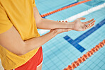 Injury, hand and person with arm pain after swimming, summer sports or accident as a lifeguard. Water, fitness and swimmer or athlete with a medical emergency on the wrist after training in the pool