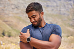 Sports man, runner and shoulder pain from fitness training injury or running workout accident outdoor. Indian person, arm muscle or closeup of injured male athlete with exercise emergency in nature