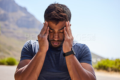 Buy stock photo Stress, runner or man with headache in on road after workout, exercise or running training outdoors. Fitness emergency, sports athlete or stressed person with migraine, head pain injury or burnout