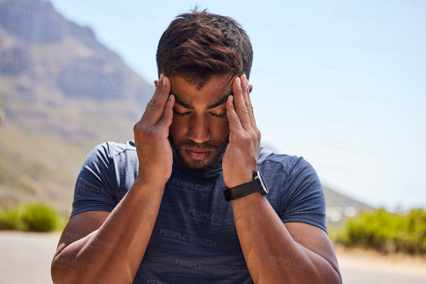 Buy stock photo Stress, runner or man with headache in on road after workout, exercise or running training outdoors. Fitness emergency, sports athlete or stressed person with migraine, head pain injury or burnout