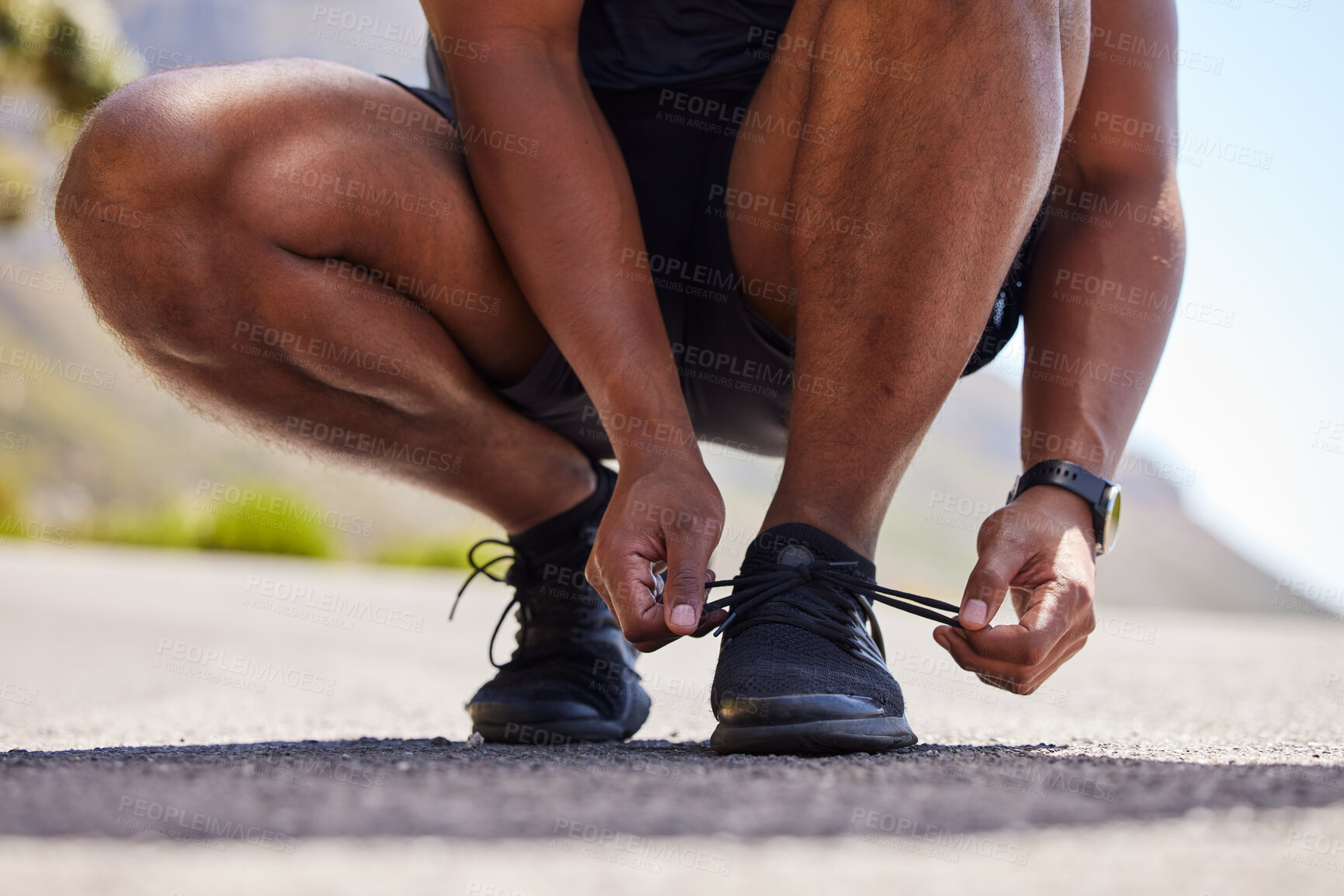 Buy stock photo Running, hands or person on road with shoes for fitness exercise, workout and marathon training. Closeup, tying lace or athlete runner ready to run, walk or jog with sneakers, trainers or footwear  