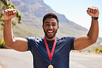 Fitness, winner and portrait of man with medal on mountain for exercise, training and running race. Sports, success and face of excited male runner cheer for competition, challenge and cross country