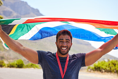 Buy stock photo Runner, winner and portrait of happy man with flag on road for fitness goal, winning or running race. Sports champion, proud South African or excited athlete with competition victory or success 