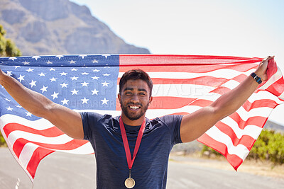 Buy stock photo Runner, winning and portrait of happy man with American flag on road for fitness goal, success or running. Proud sports champion, race winner or excited athlete with victory or gold medal in USA