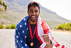 Fitness, winner and portrait of man with USA flag on mountain for exercise, training and running race. Sports, nature and face of excited male runner for competition, challenge and cross country