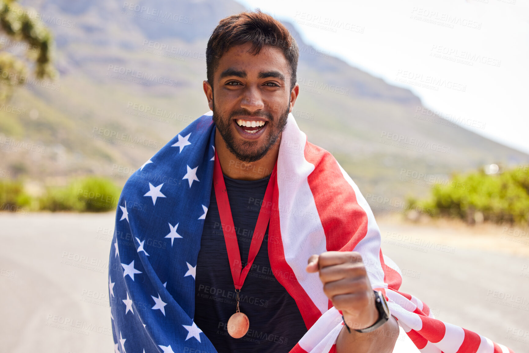 Buy stock photo Fitness, winner and portrait of man with USA flag on mountain for exercise, training and running race. Sports, nature and face of excited male runner for competition, challenge and cross country