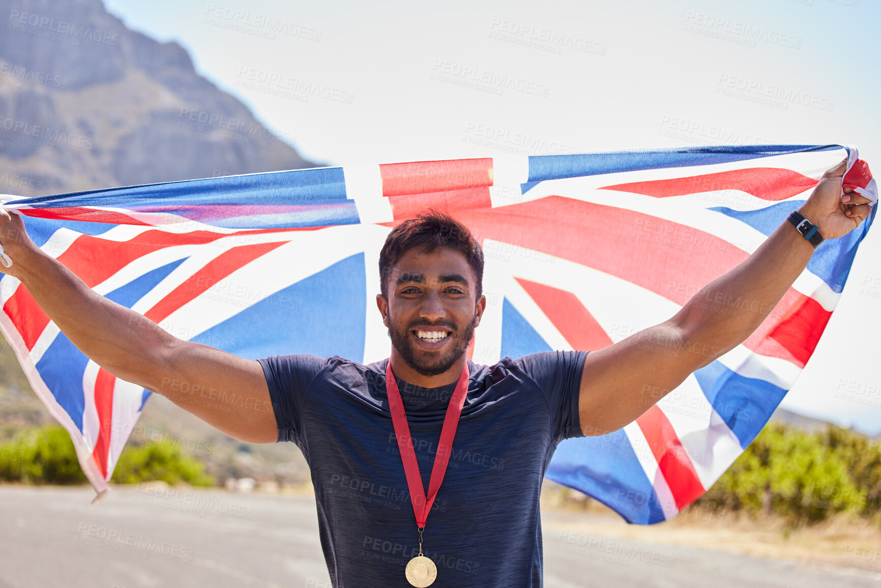 Buy stock photo UK, runner and portrait of happy man with flag on road for fitness goal, success or running race competition. Proud champion winner, winning or excited British athlete with victory or gold medal