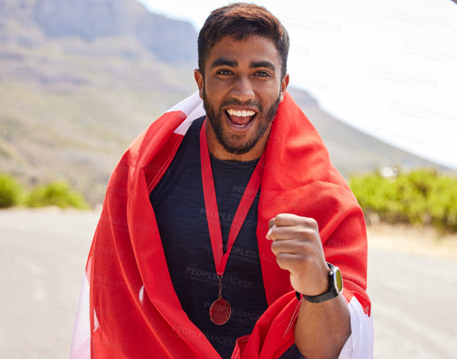 Buy stock photo Flag, excited winner or portrait of man with success on road for fitness goal, race or running competition. Proud National champion runner, winning or happy sports athlete with victory glory or medal
