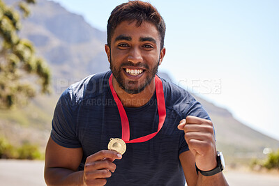 Buy stock photo Runner, winner and portrait of happy man with medal on road for fitness goal, winning or running race. Sports champion, success or face of excited athlete with competition victory in cross country 