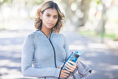Buy stock photo Portrait, fitness and woman outdoor, exercise and water bottle with wellness, healthy and sports. Face, person and athlete outside, street or hydration with training, workout goals, athlete or liquid