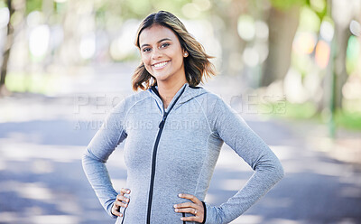 Buy stock photo Park, fitness and face portrait of a woman in nature for an outdoor workout or training. Sports, confident and young female athlete ready with a smile for a running cardio exercise in garden.