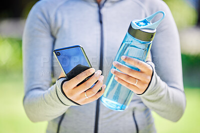 Buy stock photo Fitness, health and phone with hands of woman in nature for running, tracker and social media. Marathon, communication and training with closeup of runner in park for app, online and technology