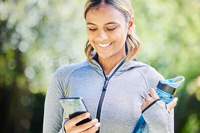 Buy stock photo Fitness, search and phone with woman in nature for running, tracker and social media. Marathon, communication and training with female runner and mobile app in park for health, online and technology