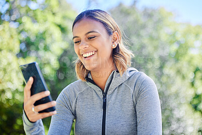 Buy stock photo Phone, laughing and a happy woman outdoor at a park with internet connection and communication. Young female person with a smartphone for reading chat, email or social media meme outdoor in nature