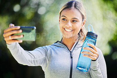Buy stock photo Runner woman, selfie and smile in park for memory, blog update or post with exercise, fitness or training. Influencer girl, happy and photography for wellness, health or workout on social network app