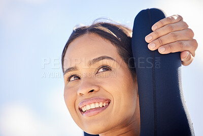 Buy stock photo Happy woman, fitness and stretching arms for workout, training or outdoor running with sky background. Female person, athlete or runner thinking in wonder with smile in body warm up for exercise
