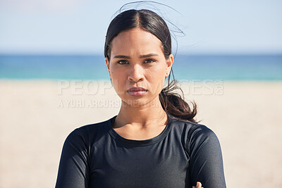 Buy stock photo Fitness, beach and portrait of serious woman by the ocean ready for surf, exercise and workout. Female person, focus and face of a athlete from Hawaii outdoor by the sea in nature with training