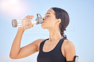 Buy stock photo Woman, fitness and drinking water for natural nutrition or sustainability after workout, running or outdoor exercise. Thirsty female person with bottle of mineral for healthy wellness, break or rest