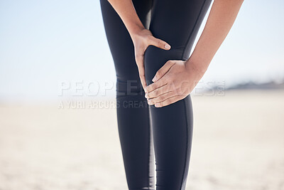 Buy stock photo Fitness, knee pain and running with woman on beach for sports injury, inflammation and accident. Emergency, healthcare and mockup with closeup of runner for exercise, physical therapy and workout